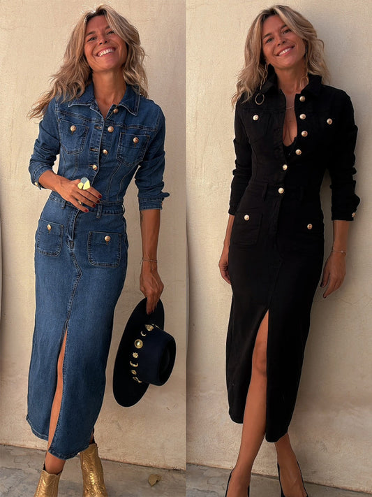 Women's New Fashion Casual Joker Multi-button Long-sleeved Denim Long Dress