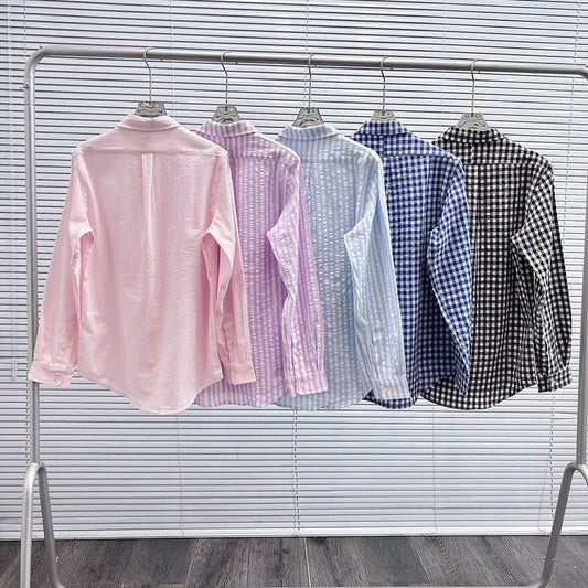 Women's New Fashion Casual Joker Loose Version Striped and Plaid Cotton Shirt Long Sleeve Shirt