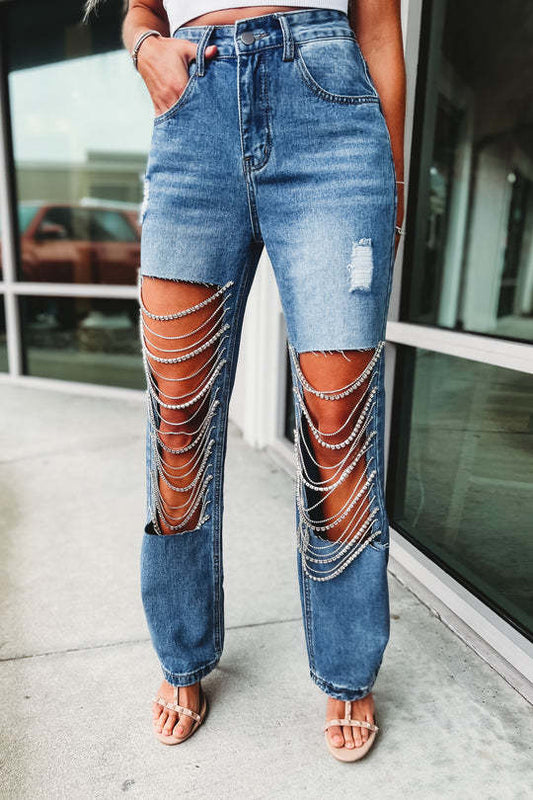 Women's New Fashion Casual Joker Hole Jeans Women's Chain Pendant Straight Pants.