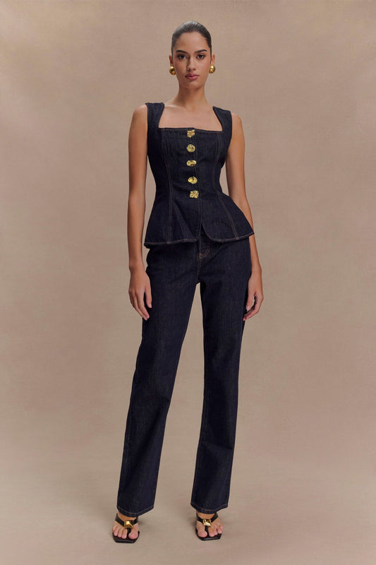 Women's New Fashion Casual Joker Button Denim Vest+high Waist Denim Trousers Suit