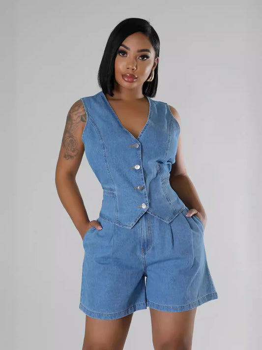 Women's New Fashion Casual Joker Sleeveless Denim Vest+high Waist Denim Shorts Suit
