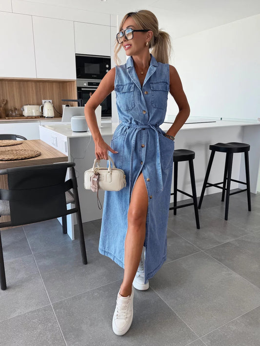 New Sleeveless Long Tie Waist Single Breasted Denim Dress
