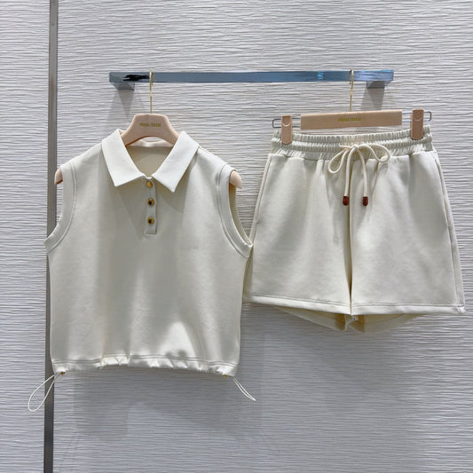Women's 2025 New Fashion Summer New Exquisite Girlish Feeling Stick Leather Embroidered Letters Lapel Drawstring Vest+shorts Suit