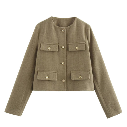 KP0013 Women's new chic Fashion Single Button Cropped Blazer Coat Vintage Long Sleeve Female Outerwear Chic Femme