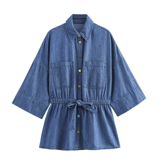 KP0012 Women's new chic Fashion Joker casual denim blouses retro short sleeve button blouses Blusas chic tops women's